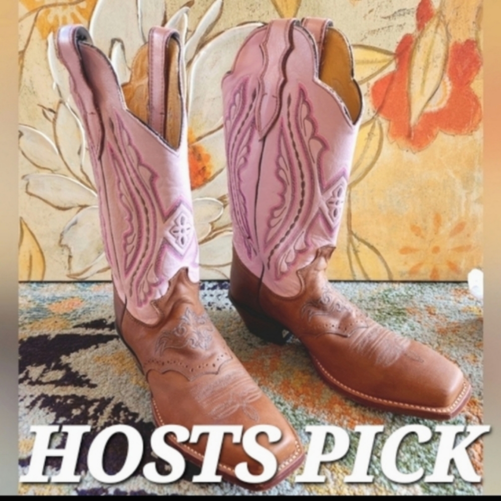 JUSTIN Punchy Pink Westerner Cowhide Foot COFFEE Leather Cowgirl Boots 8.5B EU C - Picture 3 of 16